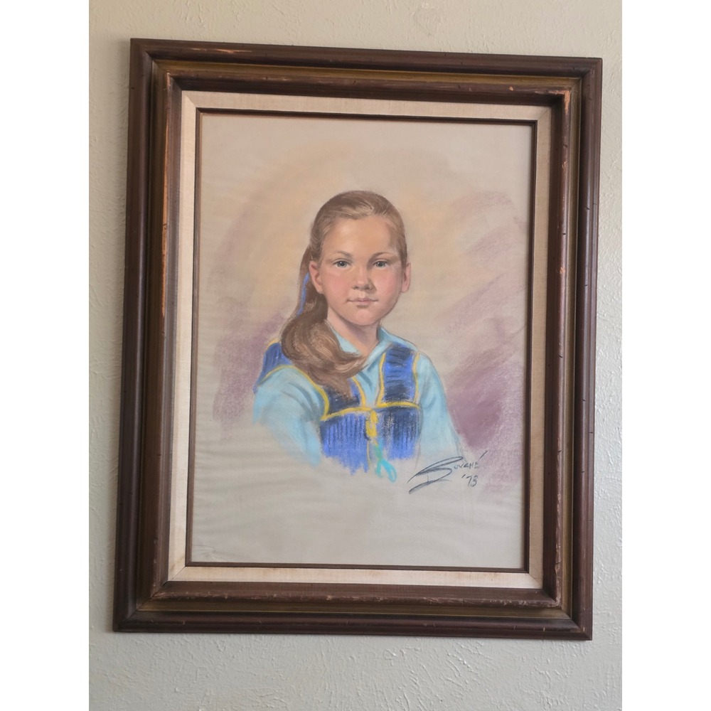 Vintage 1973 Signed Bovene Pastel Portrait Girl Framed Original Art 24x30